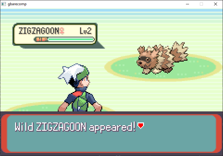 Pokémon Emerald — a wild encounter, running natively. Not just a title screen: actual gameplay.
