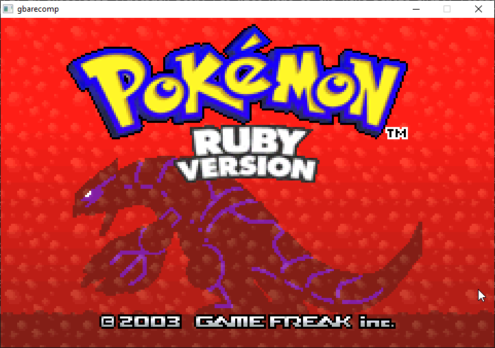Pokémon Ruby — title screen, native recompiled build.