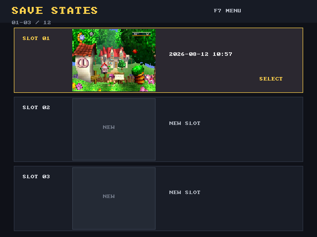 psxrecomp save state menu showing slot 01 with a Tomba screenshot thumbnail
