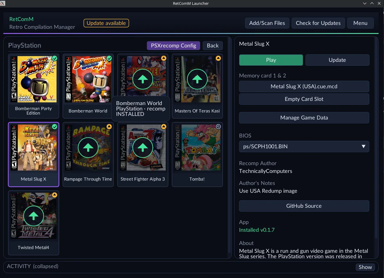 RetComM Launcher showing a PlayStation game library with Metal Slug X selected