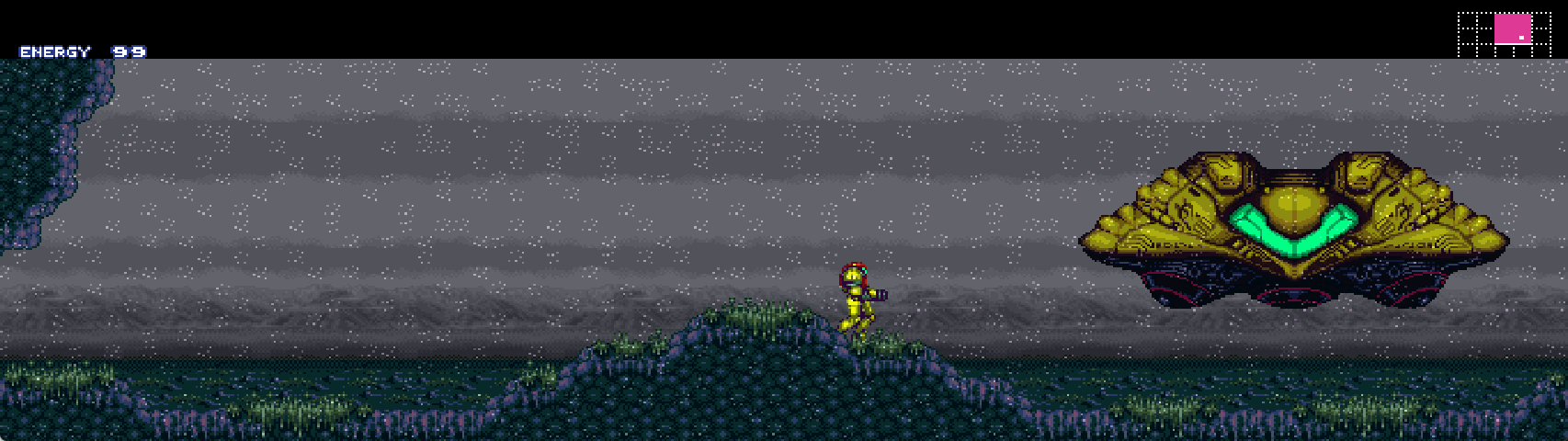 Samus on the ridge above the gunship, with the full horizon in frame.