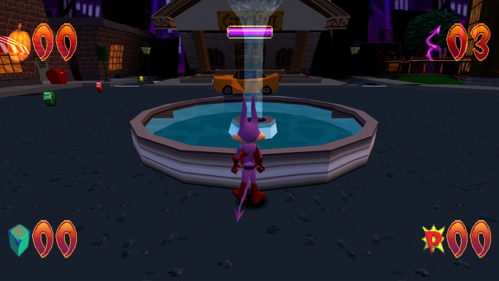 Jersey Devil stands at the town square fountain, HUD in the screen corners