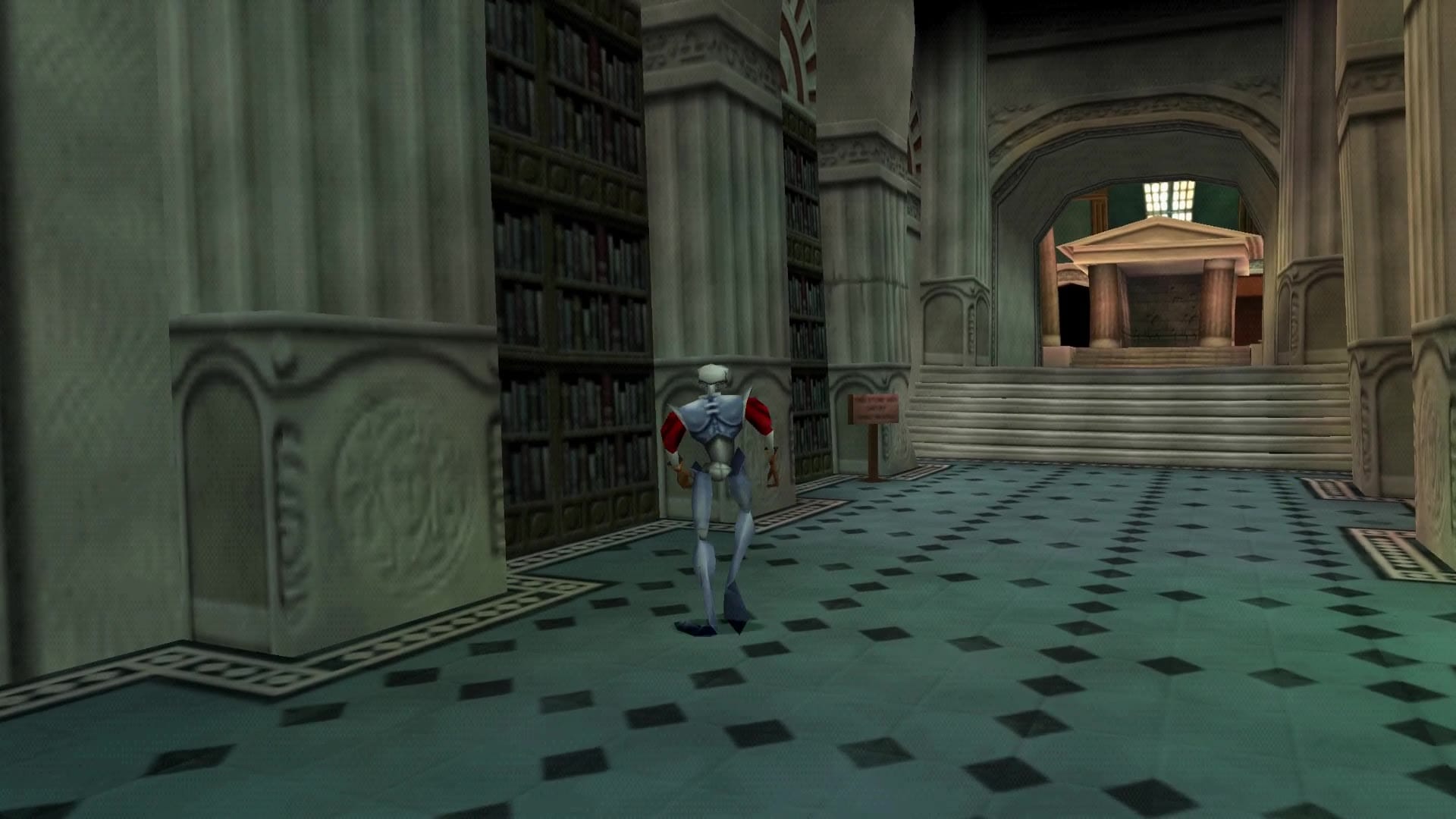 Sir Daniel walks through the museum library hall in widescreen