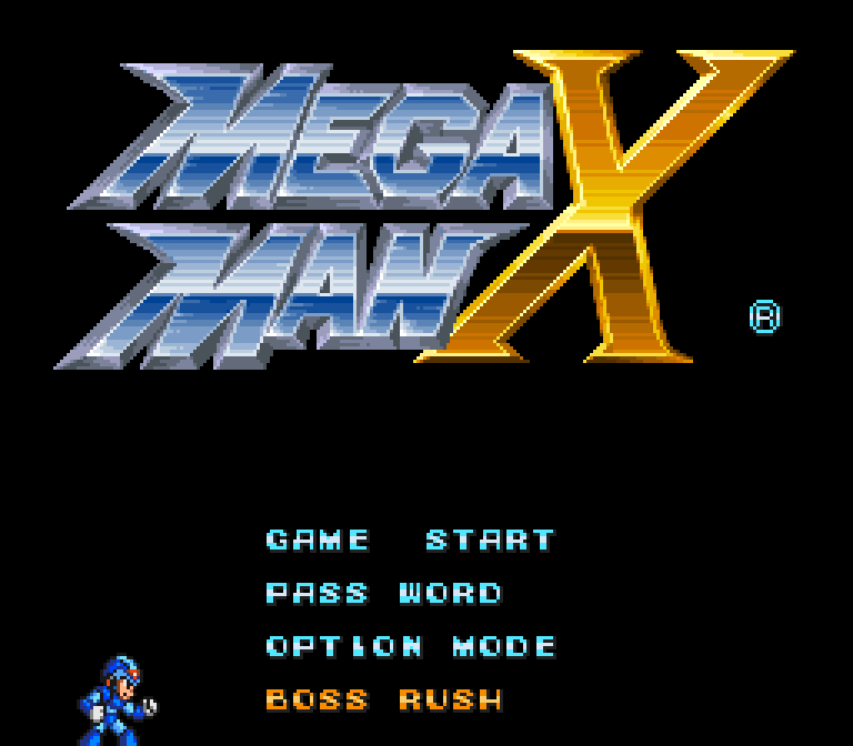 The Mega Man X title menu with Boss Rush as a fourth entry below Option Mode