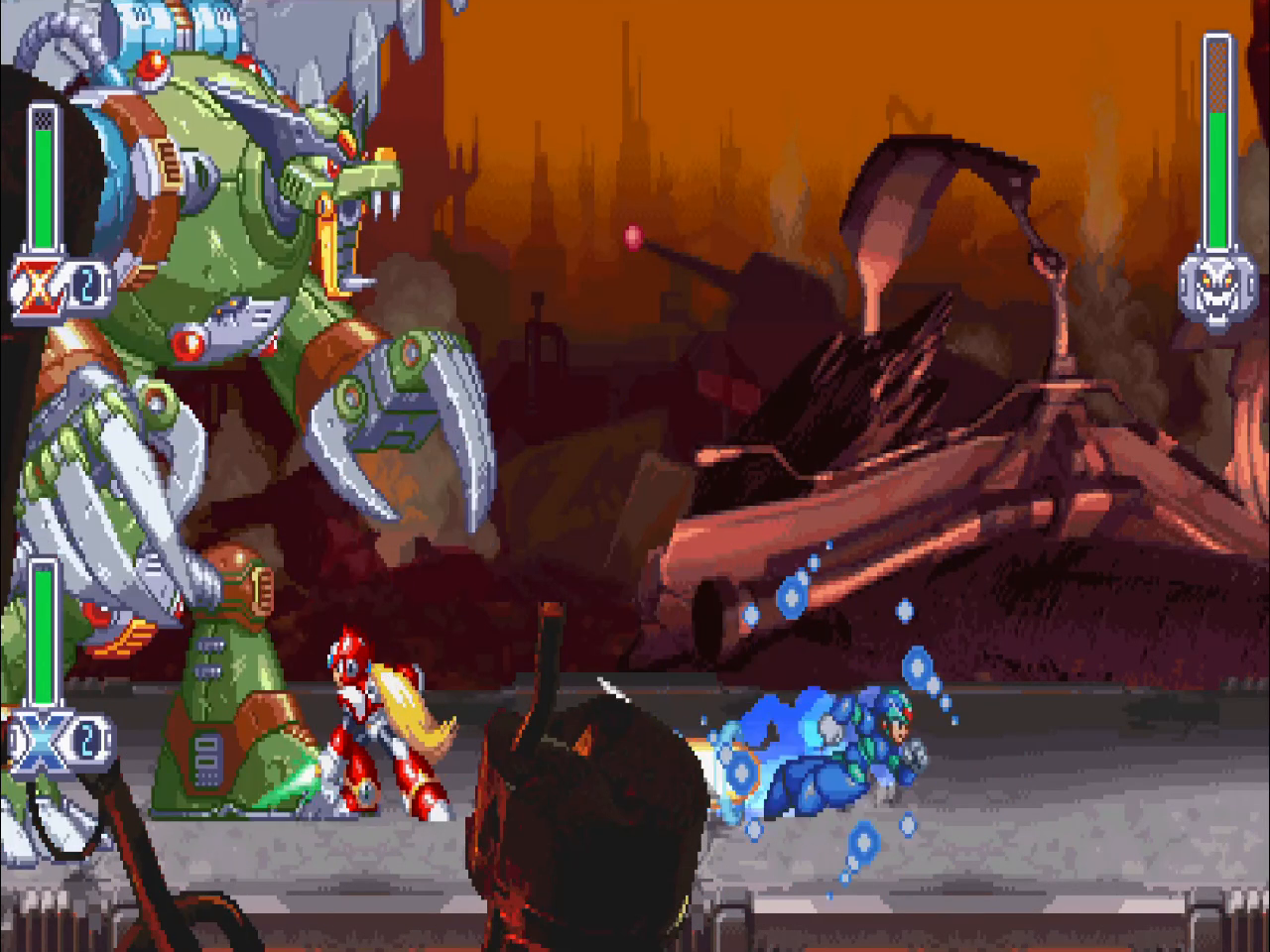 X charges his buster beside Zero while both face the opening stage dragon boss
