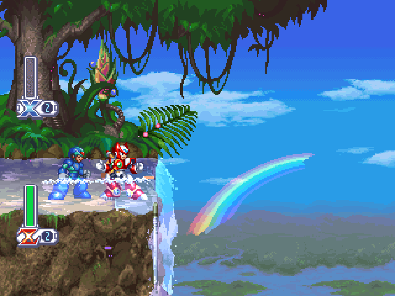 X and Zero together beside the Jungle waterfall, with separate stacked lifebars