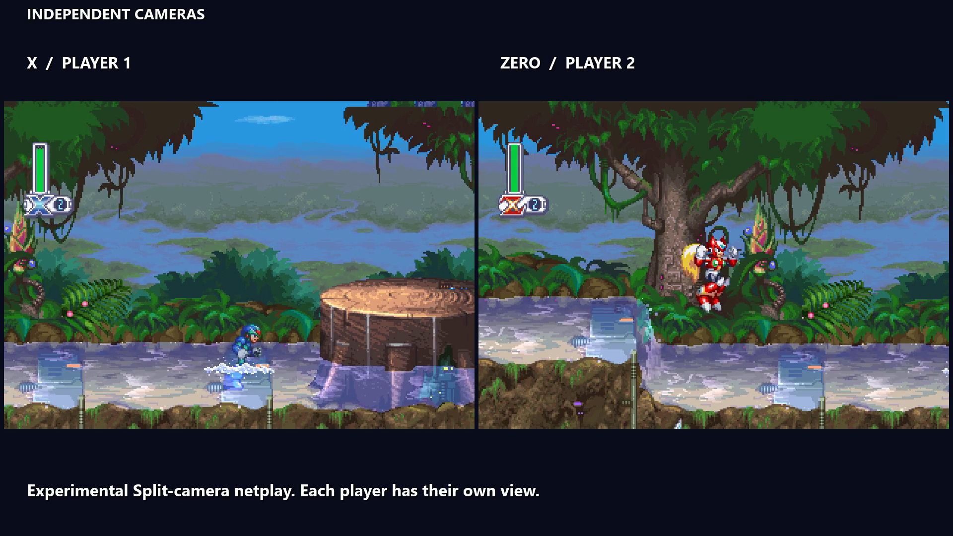 Side-by-side actual netplay views: X runs ahead while Zero jumps and slashes behind him in Web Spider?s Jungle stage