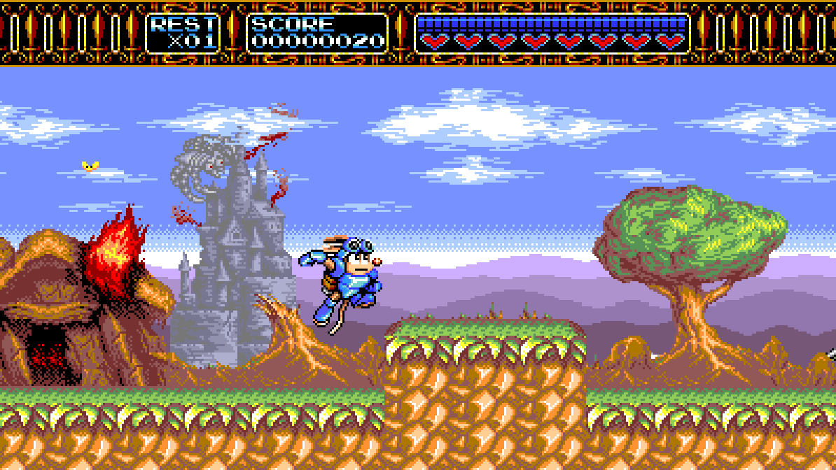 Sparkster on a raised ledge in the stage 1 forest with a leafy tree behind him