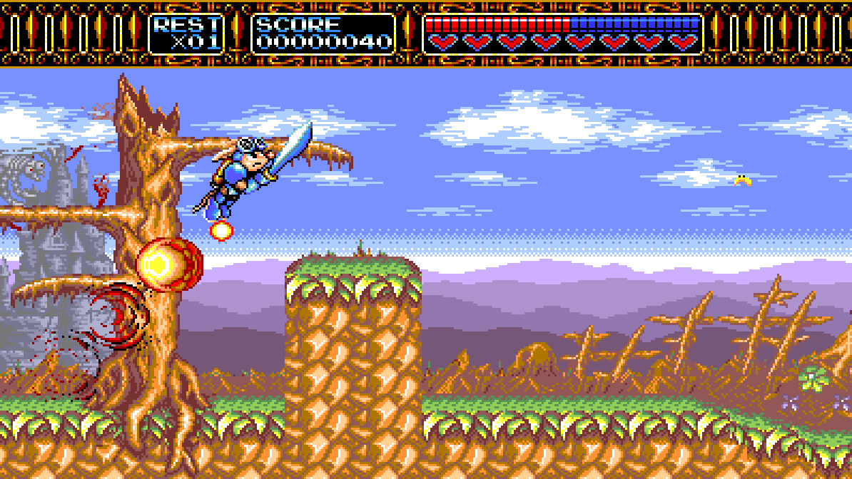 Sparkster rocketing up past a dead tree in stage 1, in widescreen